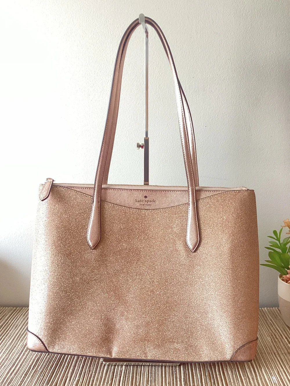 Kate Spade Rose Gold Pink Glitter Tote Large Bag Designer Purse
